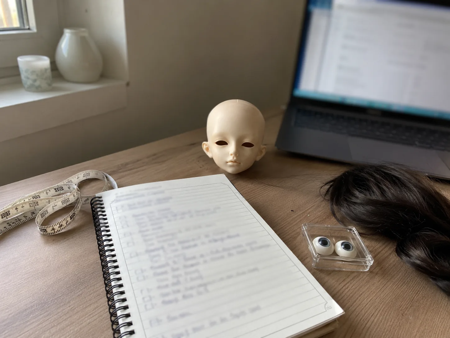 BJD wig head circumference check with tape measure and wig cap