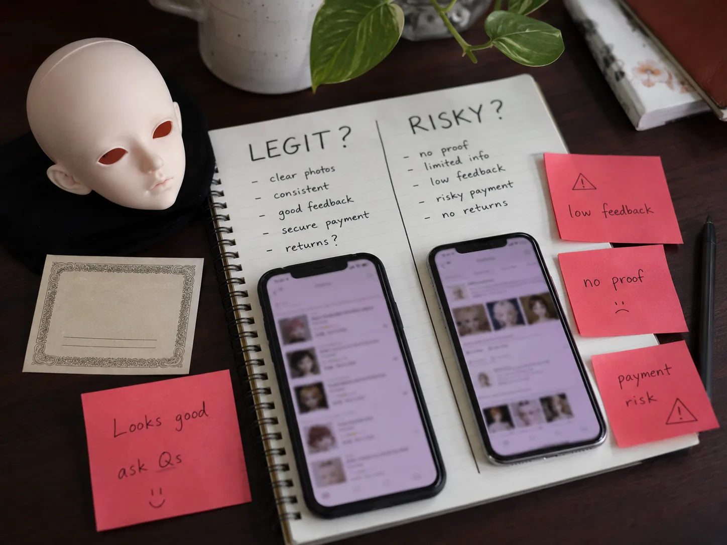 QC arrival photo proof: A received BJD head, wig, eyes, outfit, packing paper, and source-desk date card photographed before dispatch.
