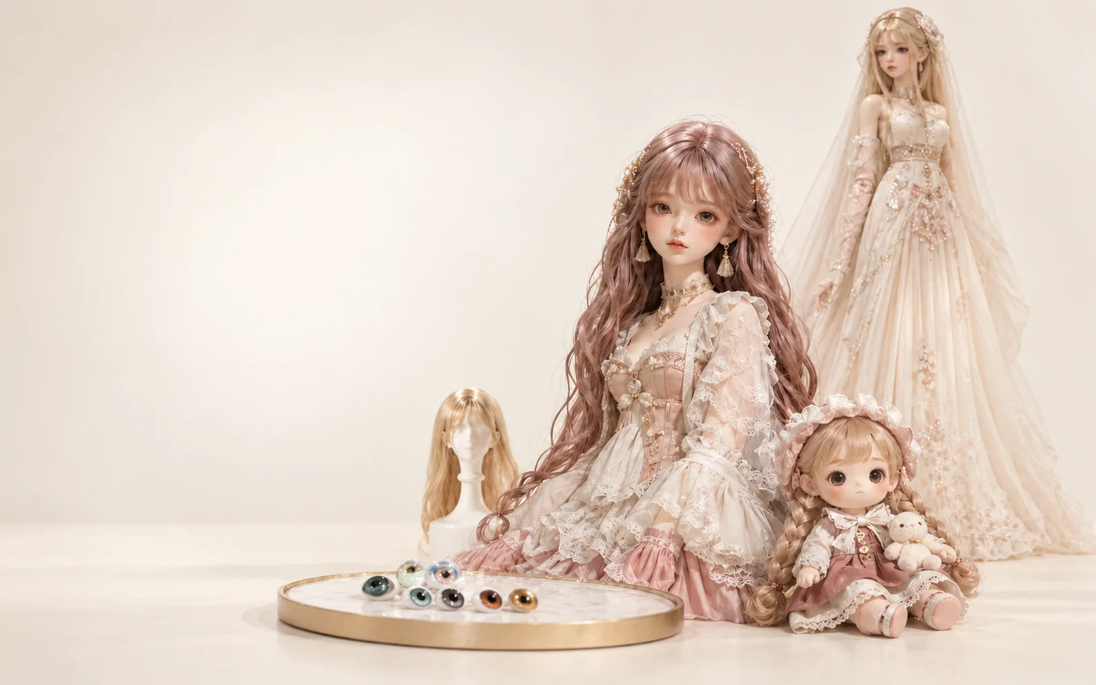 Collection illustration of styled dolls, a wig and loose doll eyes